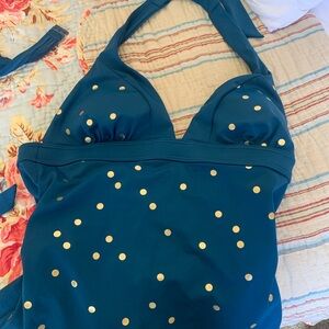 Boden Women's Polka Dot Sardinia Tankini Swim Top Ruched Teal Blue